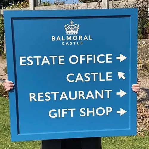 These signs were painted in specific Balmoral colours Balmoral Castle Sign