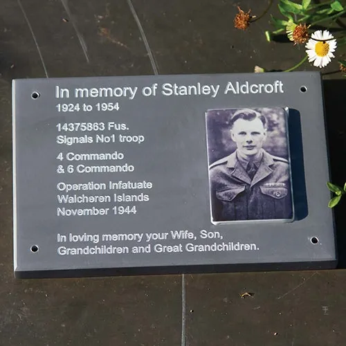 This photo was inlaid into an engraved corian plaque. Black and White Porcelain Photo