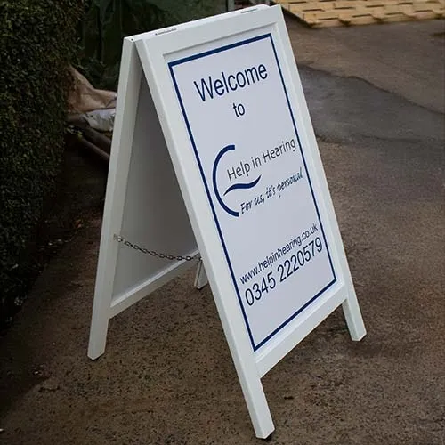 The panel can be a full colour design. Painted hardwood A-Board sign with printed panel