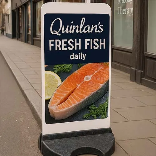 Can be outside in all weathers. Very Stable Solid Base Pavement Sign.