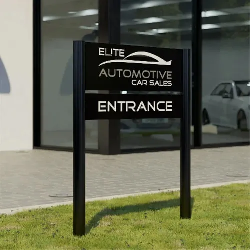Black Aluminium Sign on Bullnose Posts