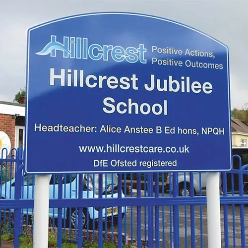 Printed aluminium sign with rear fixing channels on aluminium posts