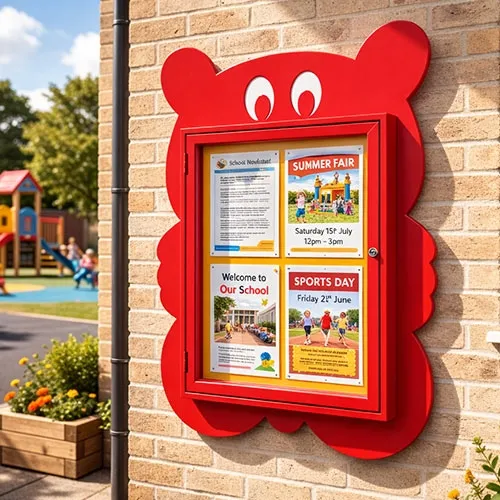 Outdoor school notice board with vandal resistant glazing